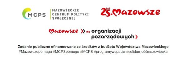 baner z logami programu:Mazowieckiego Centrum Polityki SPołecznej, 25 lat Mazowsza, mazowsze dla organizacji pozarządowych