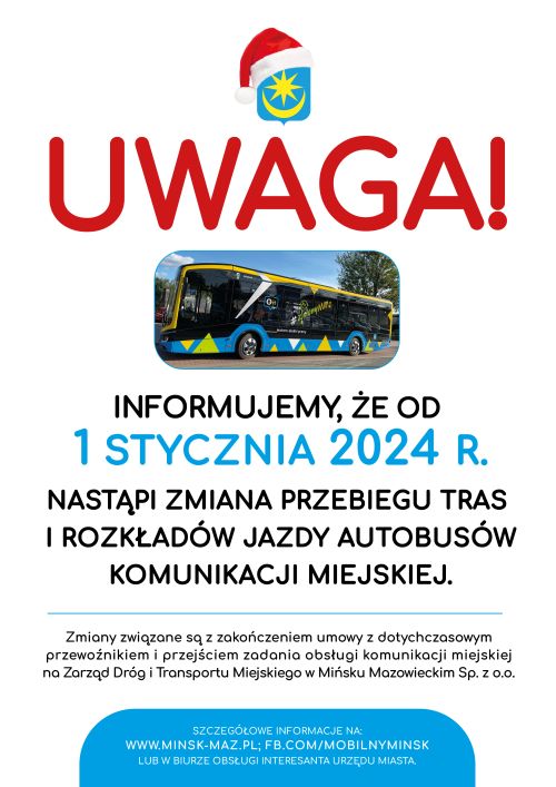 Plakat informujący o zmianie przebiegu tras i rozkładów jazdy komunikacji miejskiej.