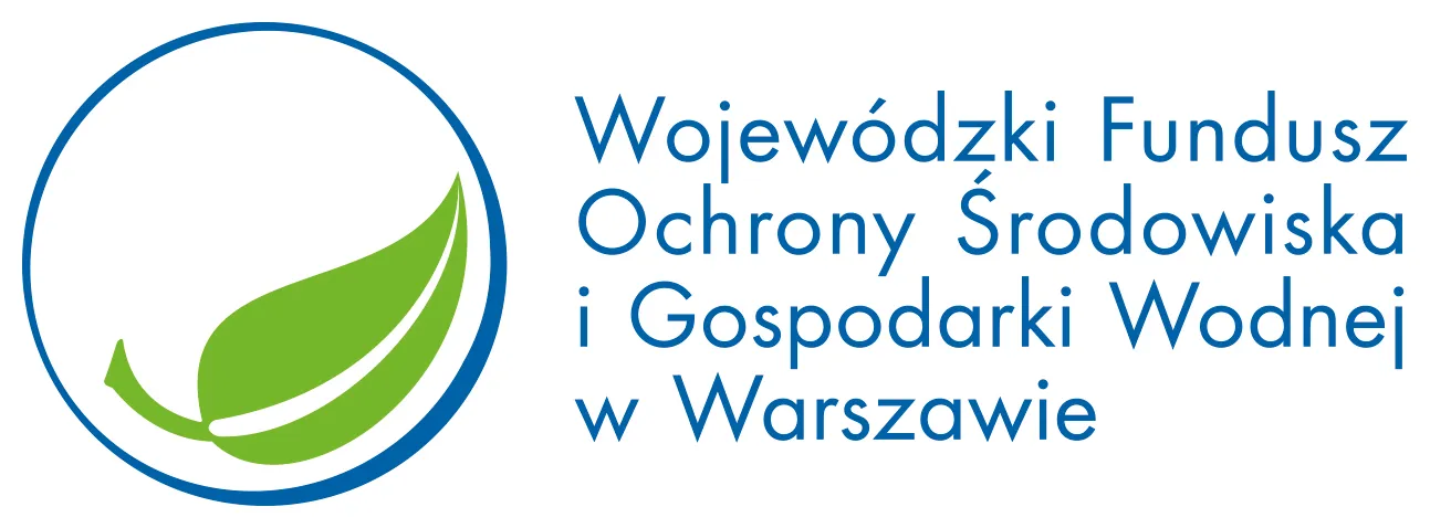 Zielony liść otoczony cienkim niebieskim okręgiem po lewej stronie oraz niebieski napis obok: Wojewódzki Fundusz Ochrony Środowiska i Gospodarki Wodnej w Warszawie na białym tle.