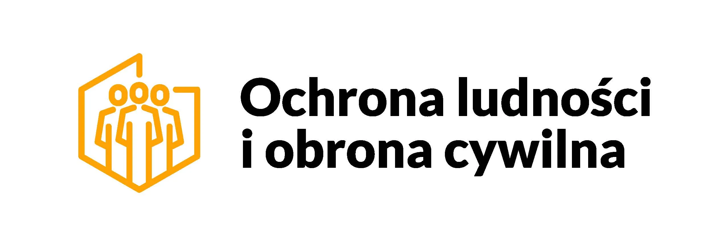 Symbol trzech pomarańczowych sylwetek ludzi w obrysie sześciokąta obok czarnego napisu „Ochrona ludności i obrona cywilna” na białym tle.