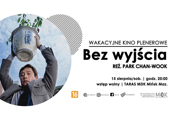 Mężczyzna w marynarce podnosi duży ceramiczny dzban nad głowę w okrągłym kadrze po lewej stronie. W tle niebieskie niebo i gałązka z liśćmi. Po prawej stronie biały obszar z czarnymi elementami graficznymi i blokiem tekstu informacyjnym.