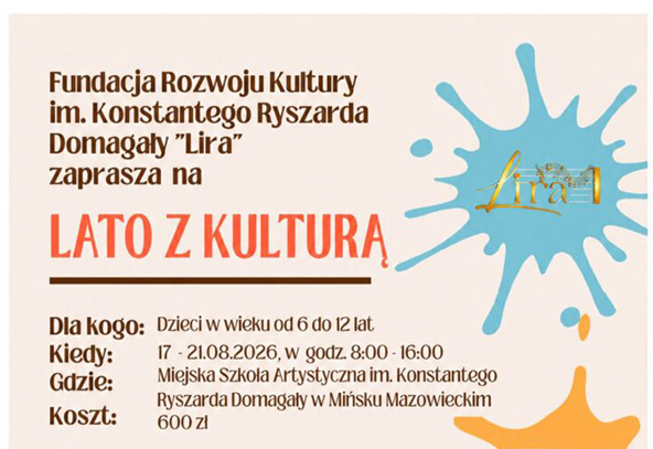 Kremowe tło plakatu. Po lewej kolumna z blokiem tekstu ułożonym w kilku liniach i kontrastującymi kolorami. Po prawej duża niebieska plama farby z małym żółtym znakiem na środku. U dołu po prawej pomarańczowa plama dekoracyjna. Prosty, przejrzysty układ graficzny.
