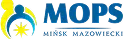 Logo Miejskiego Ośrodka Pomocy Społecznej w Mińsku Mazowieckim zawierające stylizowaną postać ludzką w żółtym kolorze na niebieskim tle oraz tekst „MOPS Mińsk Mazowiecki”.