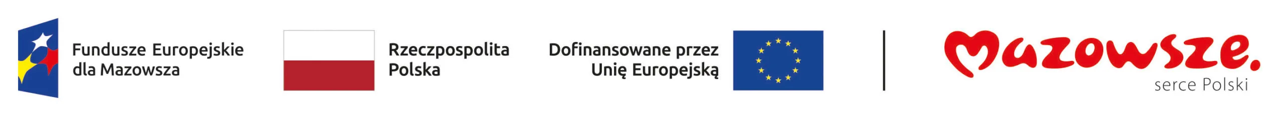 Cztery elementy na białym tle: logo Funduszy Europejskich dla Mazowsza w kolorach niebieskim, żółtym i czerwonym, flaga Polski, napis „Dofinansowane przez Unię Europejską” oraz flaga Unii Europejskiej, a po prawej czerwony napis „Mazowsze.” i czarny tekst „serce Polski”.