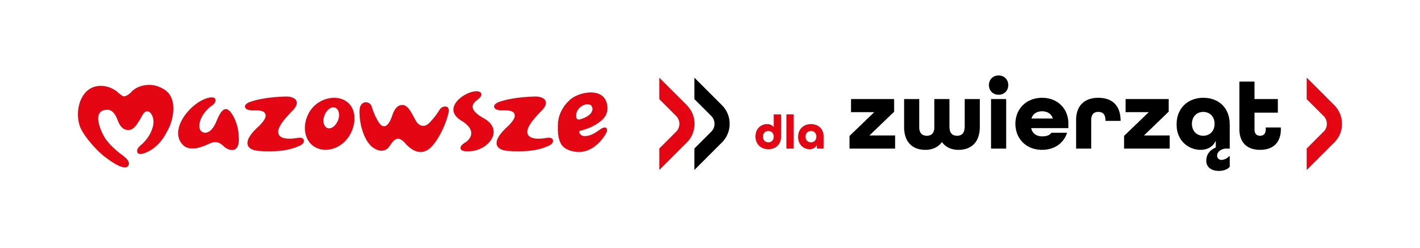 Napis „Mazowsze dla zwierząt” z czerwonym i czarnym tekstem oraz czerwoną i czarno-czerwoną strzałką po bokach.