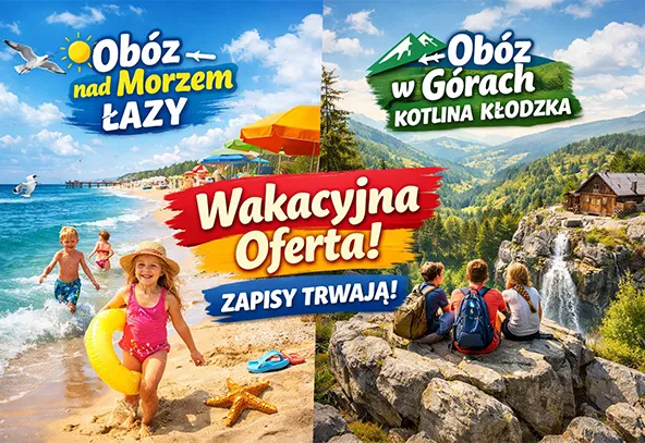 Po lewej piaszczysta plaża nad morzem z dwojgiem bawiących się dzieci — dziewczynka w różowym kostiumie trzyma żółty koło dmuchane, chłopiec bawi się w wodzie. W tle kolorowe parasole, molo i błękitne niebo z mewami. Po prawej górski krajobraz z czterema osobami z plecakami siedzącymi na skałach nad wodospadem i zieloną doliną z lasami i szczytami, widoczna drewniana chatka, dzień.