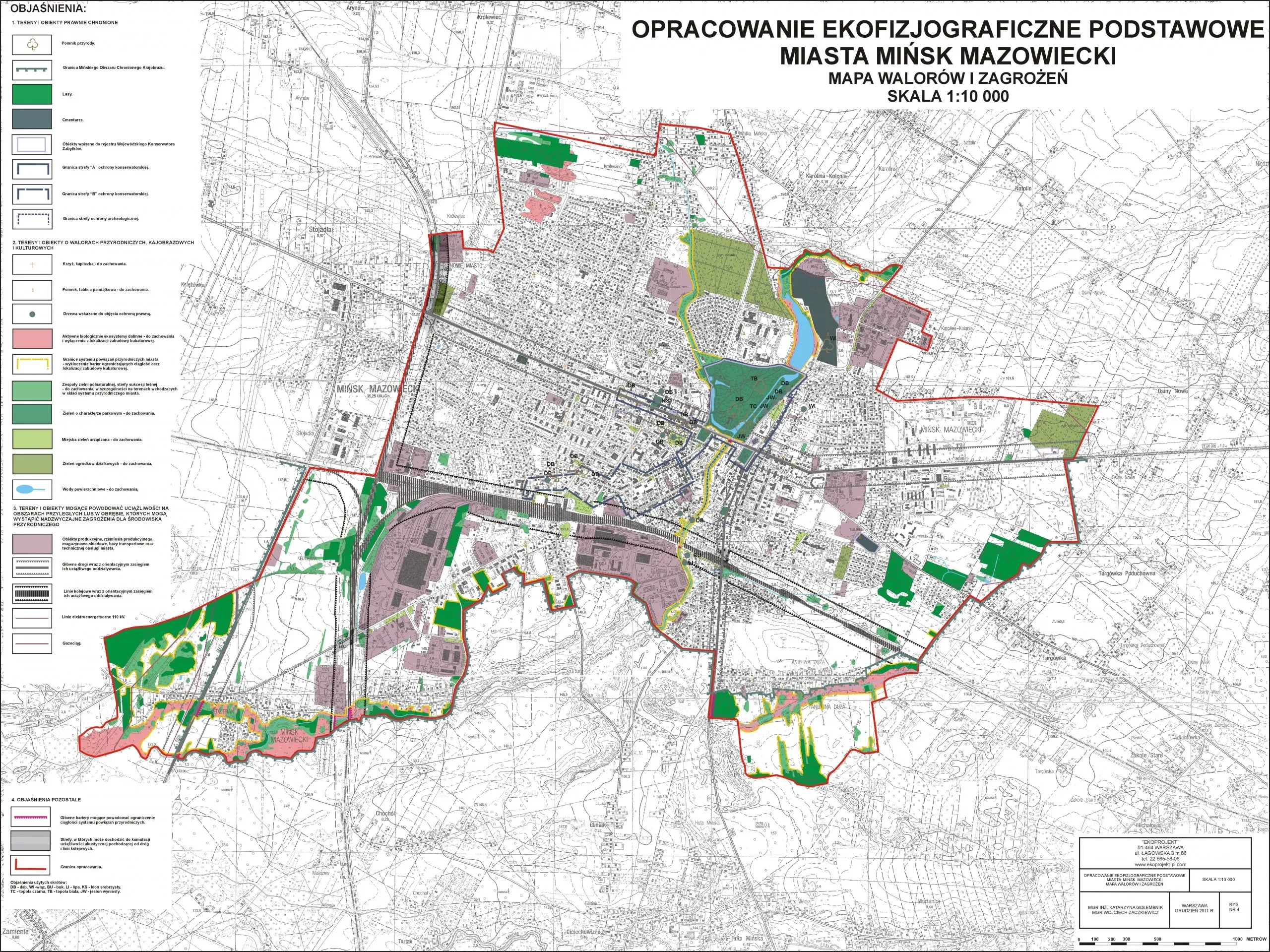 Mapa ekofizjograficzna miasta Mińsk Mazowiecki z oznaczeniem terenów prawnie chronionych, walorów przyrodniczych, obszarów zagrożeń oraz infrastruktury miejskiej w skali 1:10 000.