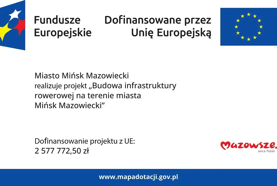 Logotyp Funduszy Europejskich w lewym górnym rogu, napis "Fundusze Europejskie" po lewej stronie, po prawej stronie napis "Dofinansowane przez Unię Europejską" oraz flaga Unii Europejskiej. Poniżej tekst.  W prawym dolnym rogu logo Mazowsza. Na dole niebieski pasek z adresem www.mapadotacji.gov.pl. Tło białe.