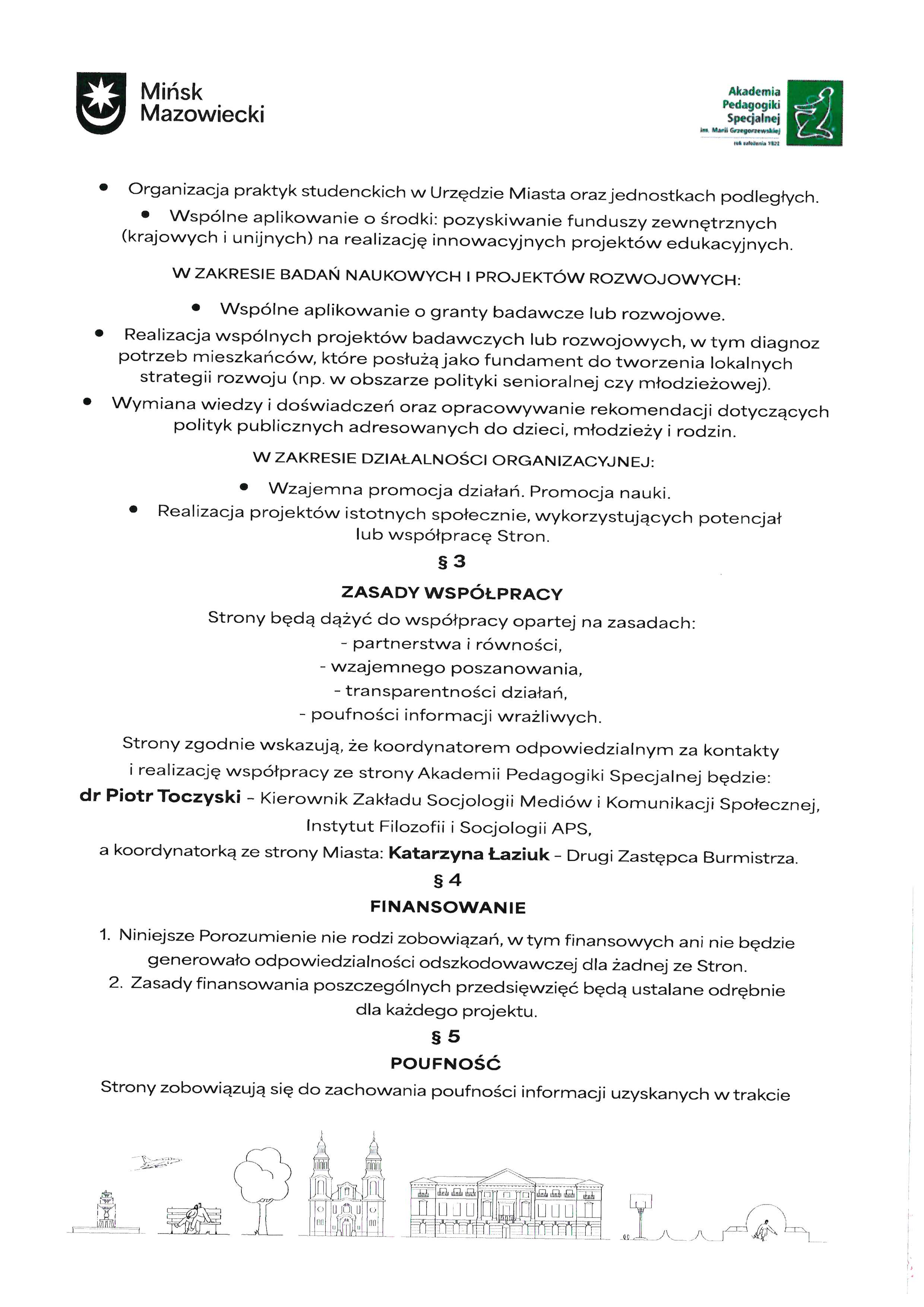 Biała strona dokumentu z dwoma logotypami u góry po lewej i prawej. Środek wypełniają wypunktowane akapity i pogrubione nagłówki ułożone w kolumnie. Na dole cienka rysunkowa panorama miasta z budynkami, drzewem i ławką. Całość ma czarny tekst na białym tle i układ pionowy.