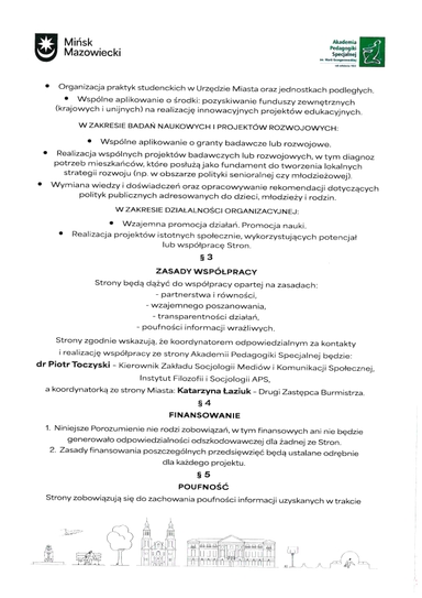 Biała strona dokumentu z dwoma logotypami u góry po lewej i prawej. Środek wypełniają wypunktowane akapity i pogrubione nagłówki ułożone w kolumnie. Na dole cienka rysunkowa panorama miasta z budynkami, drzewem i ławką. Całość ma czarny tekst na białym tle i układ pionowy.