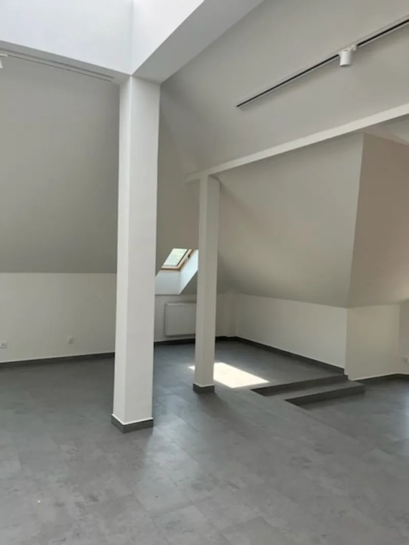 Pusty, jasny poddaszowy pokój z ciemnoszarą podłogą, dwoma białymi filarami i oknem dachowym.