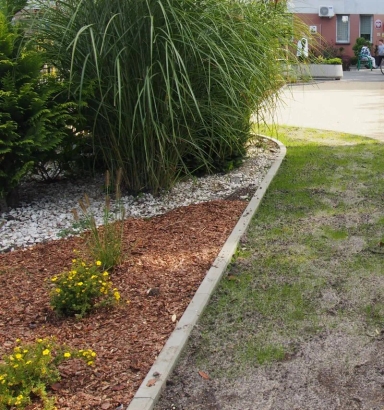 Pas ogrodowy z dekoracyjną korą i trawami ozdobnymi oddzielony krawężnikiem od trawnika.