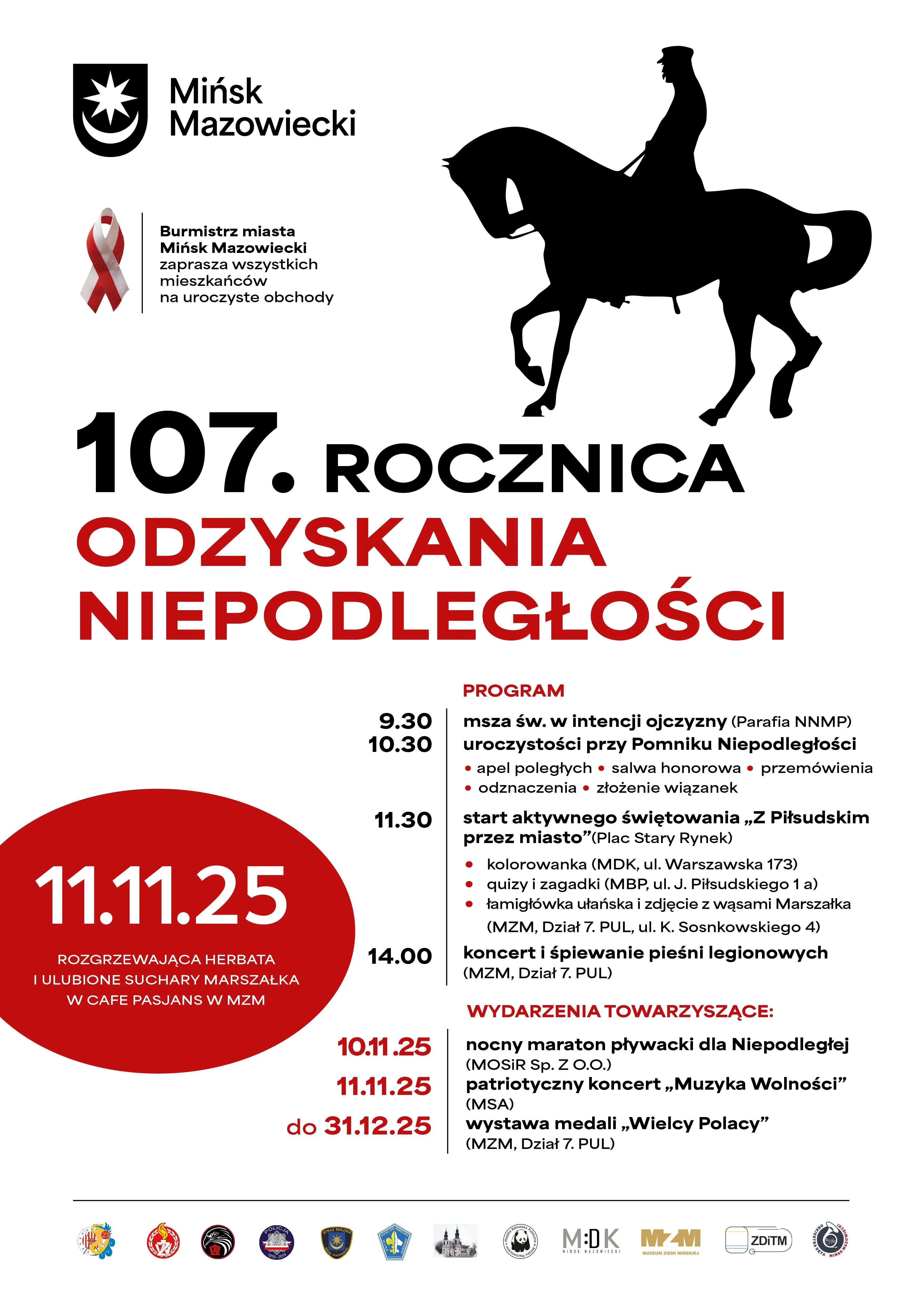 Po lewej logo miasta i wstążka biało-czerwona. Pośrodku duży napis z datą. Po prawej czarna sylwetka jeźdźca na koniu oraz program uroczystości i wydarzeń towarzyszących. Na dole logotypy partnerów i organizatorów. Całość na białym tle.