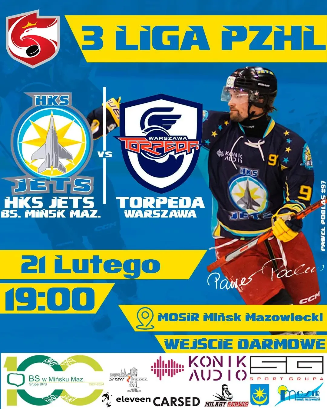 NIiebieskie tło z żółtymi akcentami. Po lewej dwa logotypy drużyn, pośrodku pionowa kreska z literami „vs”. Po prawej stoi zawodnik w granatowo-żółtym stroju z kijem i czerwonymi spodenkami. U dołu pasek informacyjny z datą, godziną i miejscem oraz zapowiedzią bezpłatnego wstępu. Na górze napis informujący o lidze.