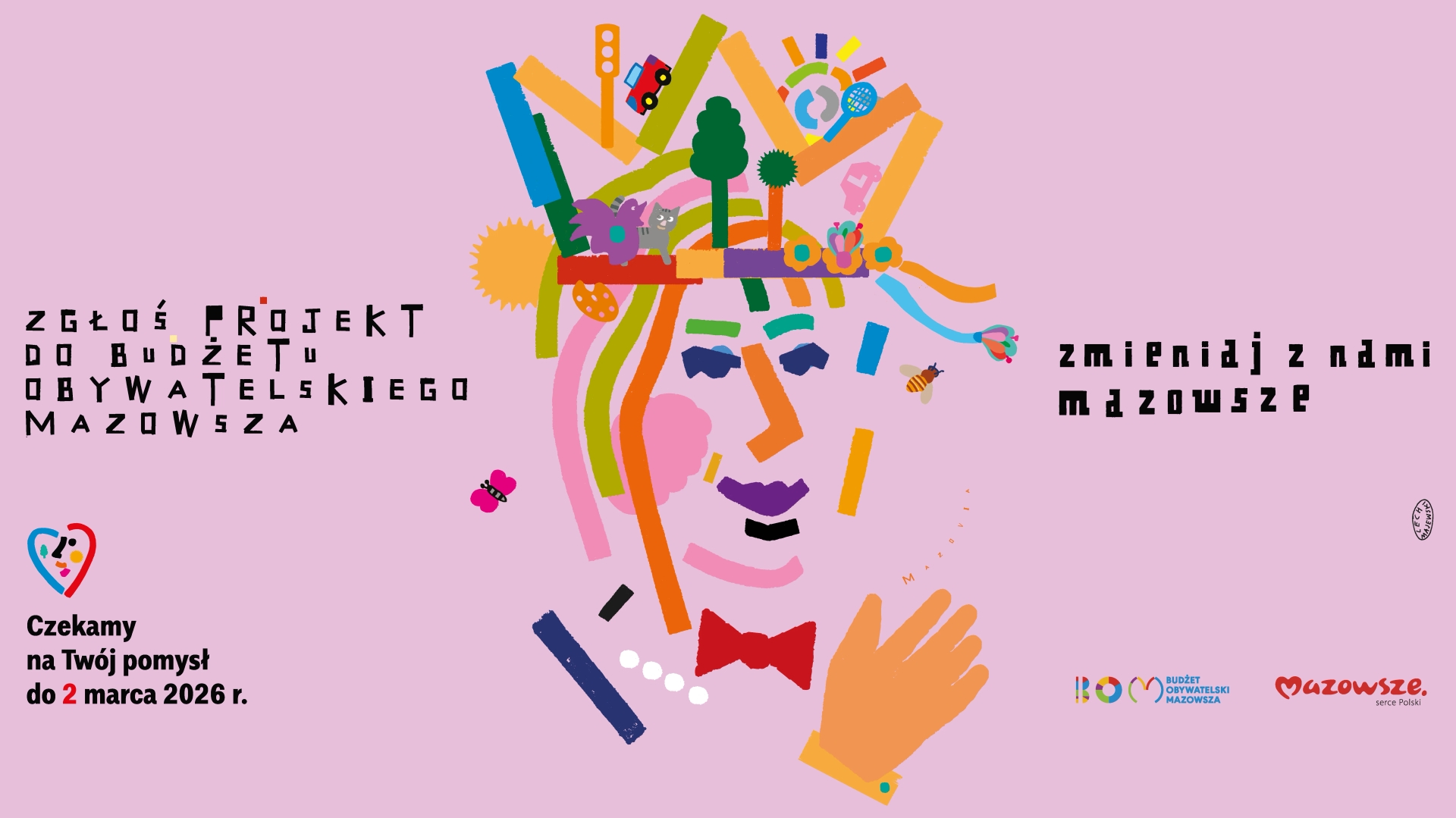 Kolorowa, schematyczna twarz złożona z geometrycznych pasków i kształtów na jasnoróżowym tle. Twarz nosi koronę z drobnymi ikonami: drzewem, słońcem, samochodem i kwiatami. Przy twarzy widoczna jest uniesiona ręka, motyl i pszczoła. Kompozycja jest centralna i ilustracyjna.