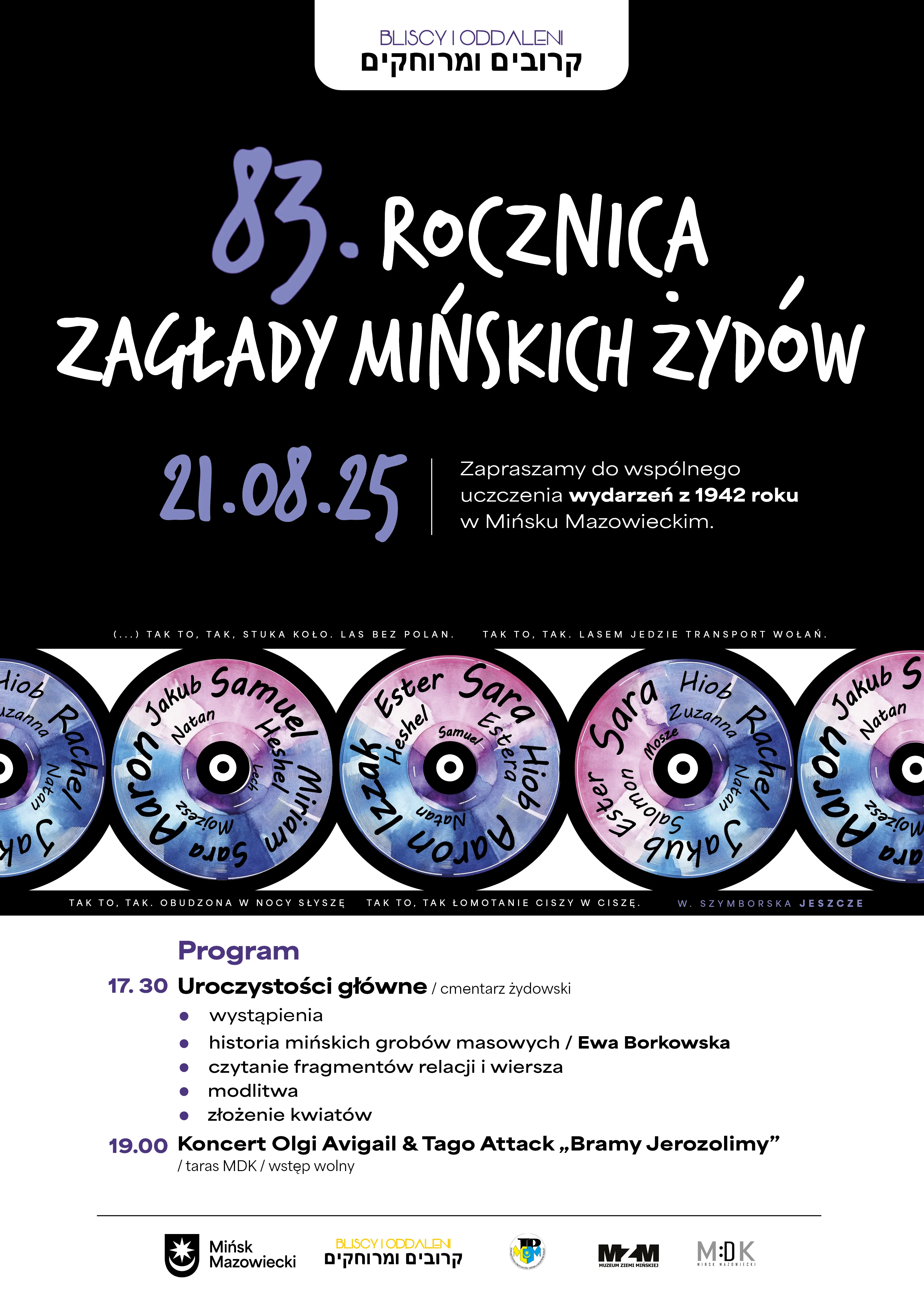 Zaproszenie na 83. rocznicę zagłady mińskich Żydów 21 sierpnia 2025 roku w Mińsku Mazowieckim z programem uroczystości i koncertu.