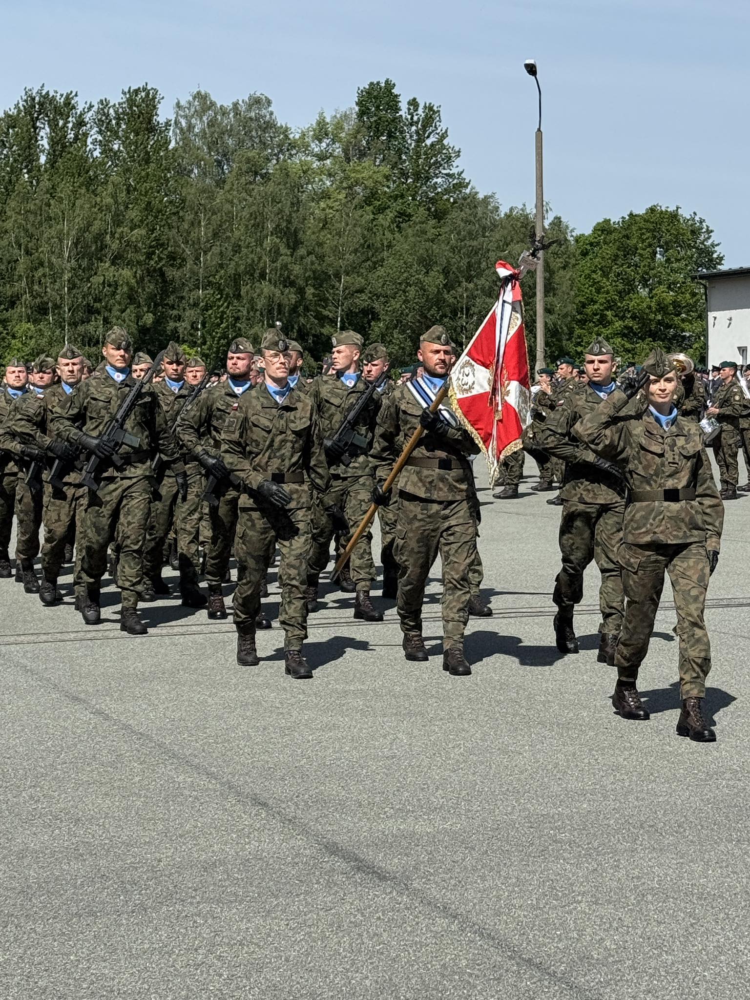Grupa żołnierzy maszeruje na zewnątrz w mundurach polowych w ciągu dnia. Na pierwszym planie mężczyzna niesie czerwono-biały sztandar. Z prawej przodem idzie żołnierka salutująca. W tle rząd wysokich drzew i słup oświetleniowy.