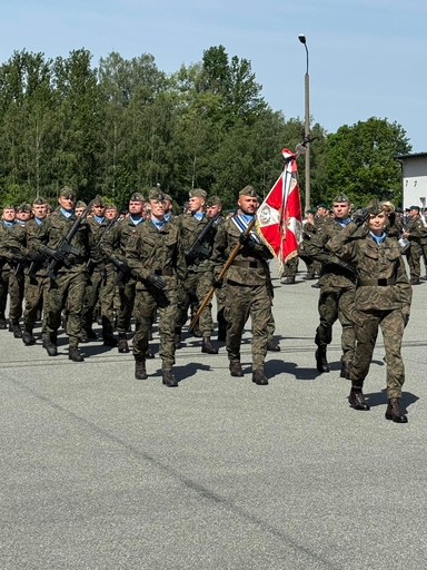 Grupa żołnierzy maszeruje na zewnątrz w mundurach polowych w ciągu dnia. Na pierwszym planie mężczyzna niesie czerwono-biały sztandar. Z prawej przodem idzie żołnierka salutująca. W tle rząd wysokich drzew i słup oświetleniowy.