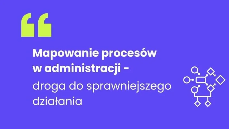 Fioletowe tło. Duży zielony znak cudzysłowu w lewym górnym rogu. Po lewej biały, pogrubiony tytuł i mniejszy podtytuł ułożone w dwóch wierszach. Po prawej biała ikona schematu procesów z połączonymi prostokątami i kółkami.