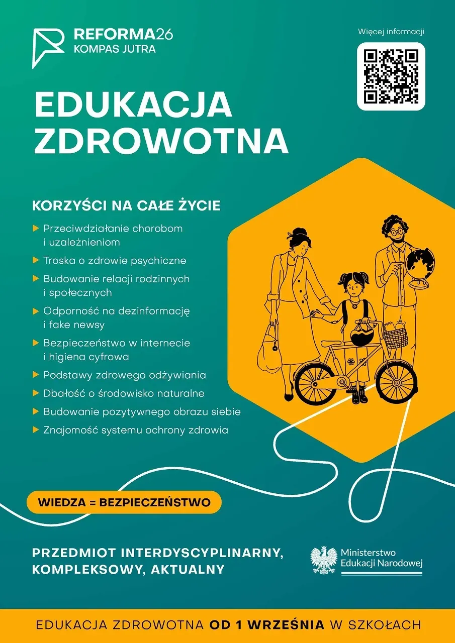 Na turkusowym tle iformacje tekstowe, z prawej w kształcie sześcianu ilustracja trzech postaci obok roweru na pomarańczowym tle.