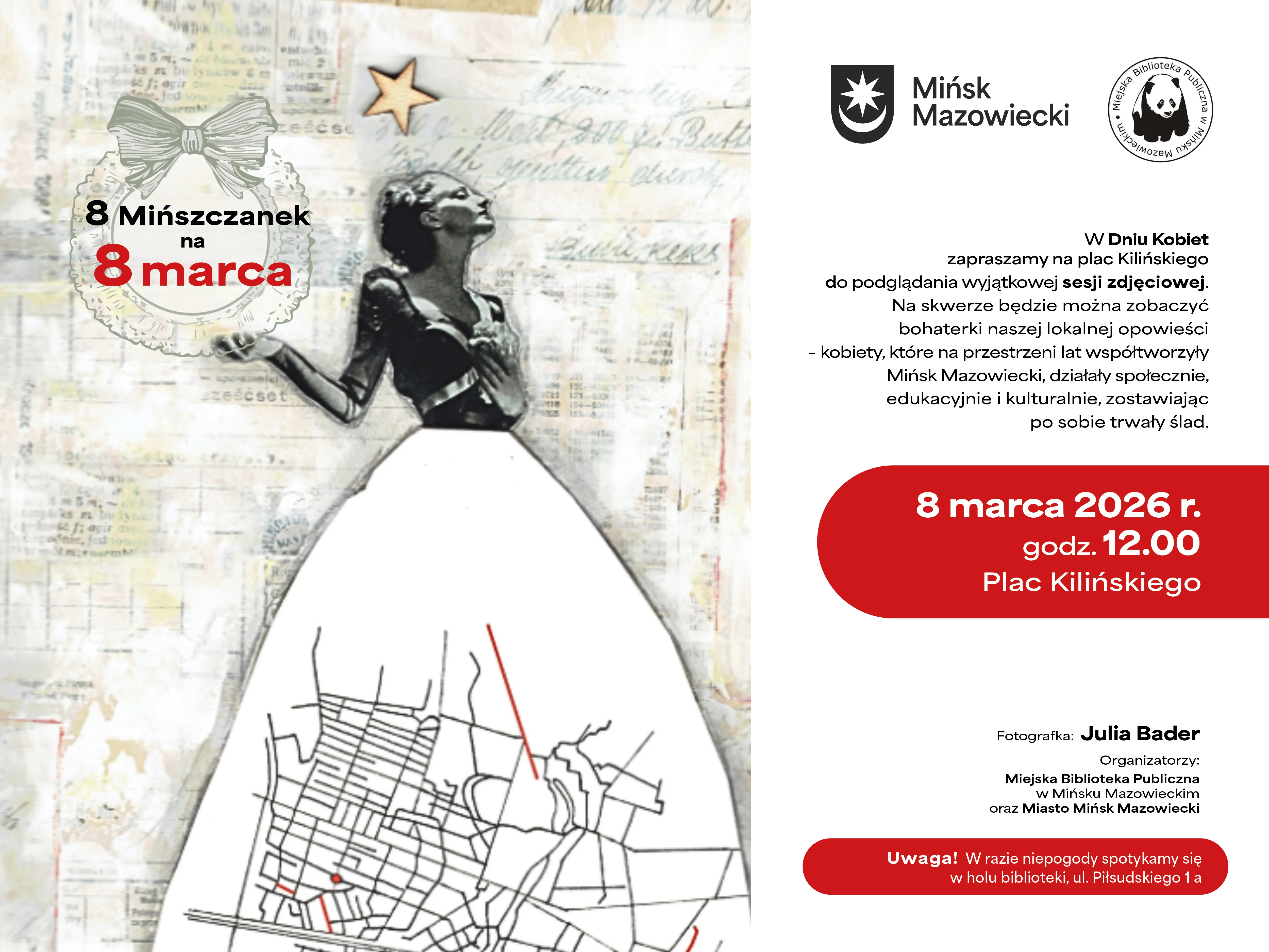 Kolaż z lewej strony z czarno-białą sylwetką kobiety w sukni, której dół tworzy stylizowana mapa miasta na jasnym, teksturowanym tle. Po prawej stronie biały panel z logotypami u góry i czerwoną elipsą zawierającą datę i godzinę wydarzenia oraz informacjami organizacyjnymi. Ogólny układ ma pionowy podział obrazu na stronę graficzną i informacyjną.