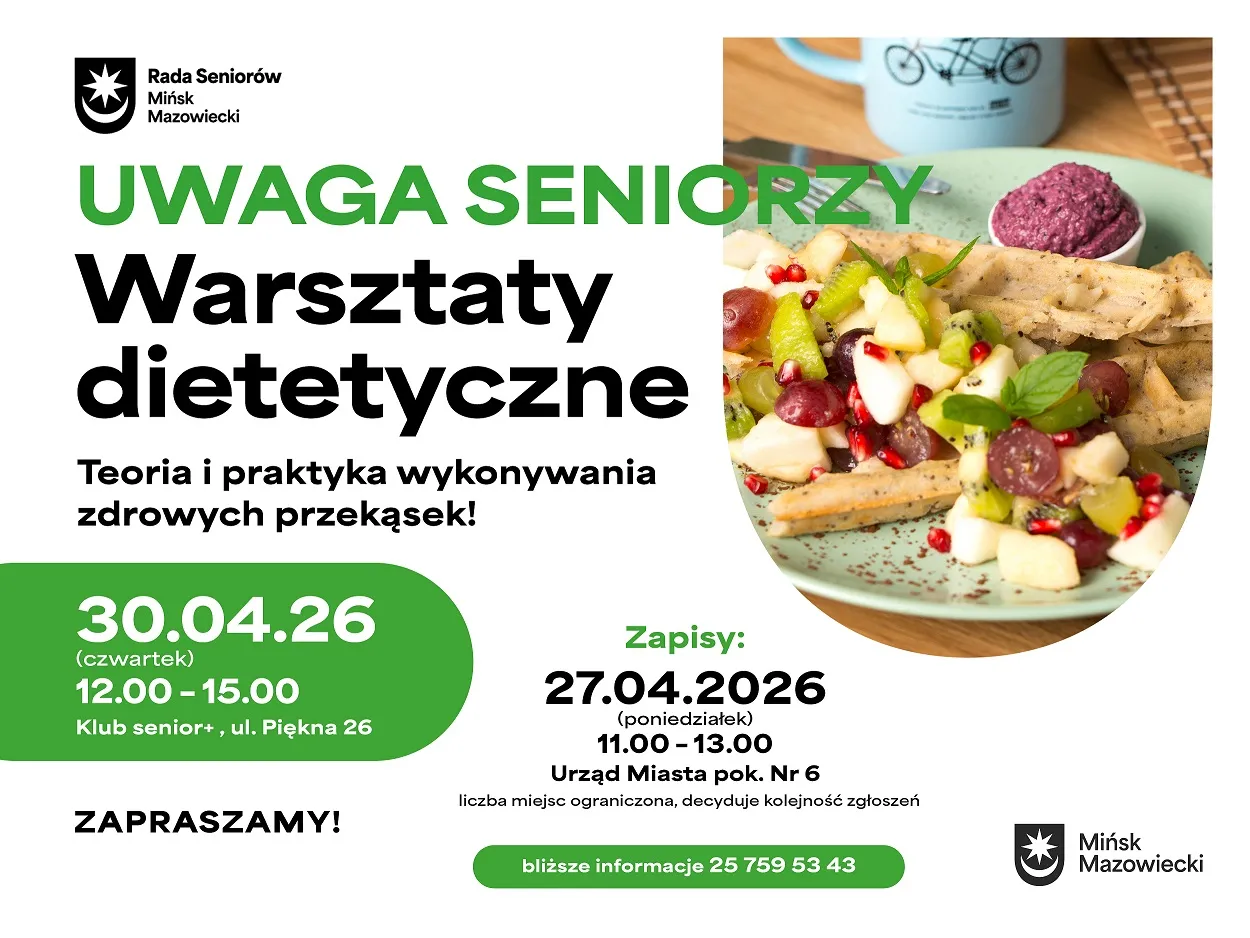 Białe tło z zielonymi akcentami. Po prawej talerz z owocową sałatką, ziarnami granatu i kawałkami chrupkiego pieczywa na drewnianym stole. Po lewej duże czarne i zielone nagłówki oraz zielone pola z informacjami. Logotyp miasta w górnym i dolnym rogu.