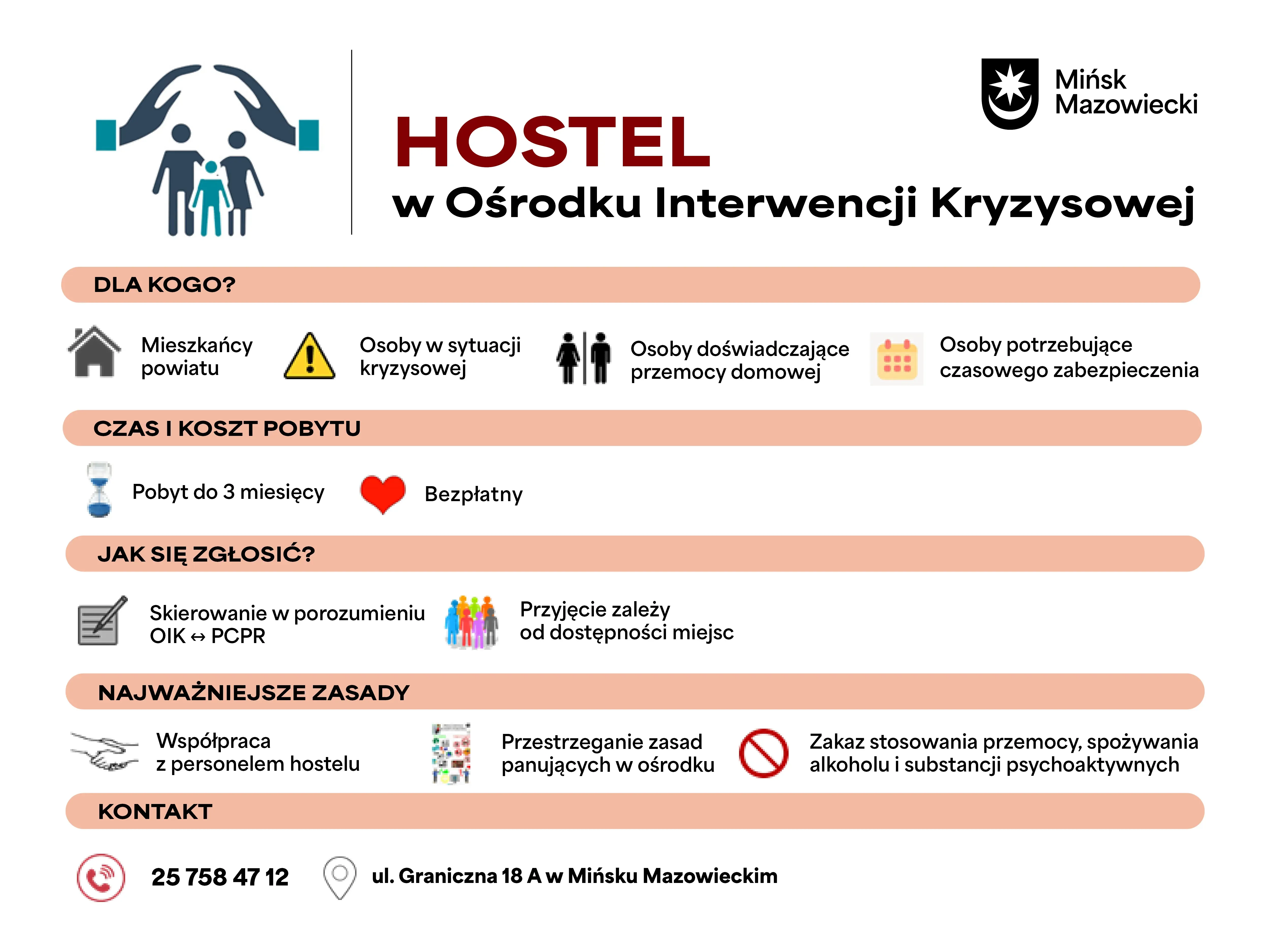 U góry logo miasta i ikona rodziny chronionej dłońmi na jasnym tle. Kilka poziomych sekcji z ikonami wskazującymi odbiorców, czas pobytu, zasady i sposób zgłoszenia. Na dole ikona telefonu i lokalizacji z danymi kontaktowymi. Dominują kolory biały, beżowy i czerwony.