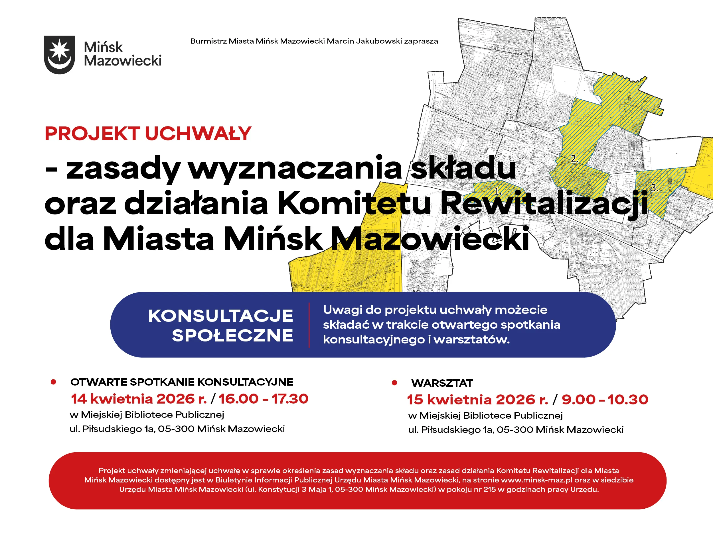 Logo herbu i napis Mińsk Mazowiecki w lewym górnym rogu. Duży czarny nagłówek po lewej stronie. Po prawej czarno-biała mapa miasta z kilkoma żółtymi zaznaczonymi obszarami. Pośrodku granatowy owalny panel informacyjny. U dołu dwie kolumny z punktami i czerwonymi akcentami. Całość na białym tle.