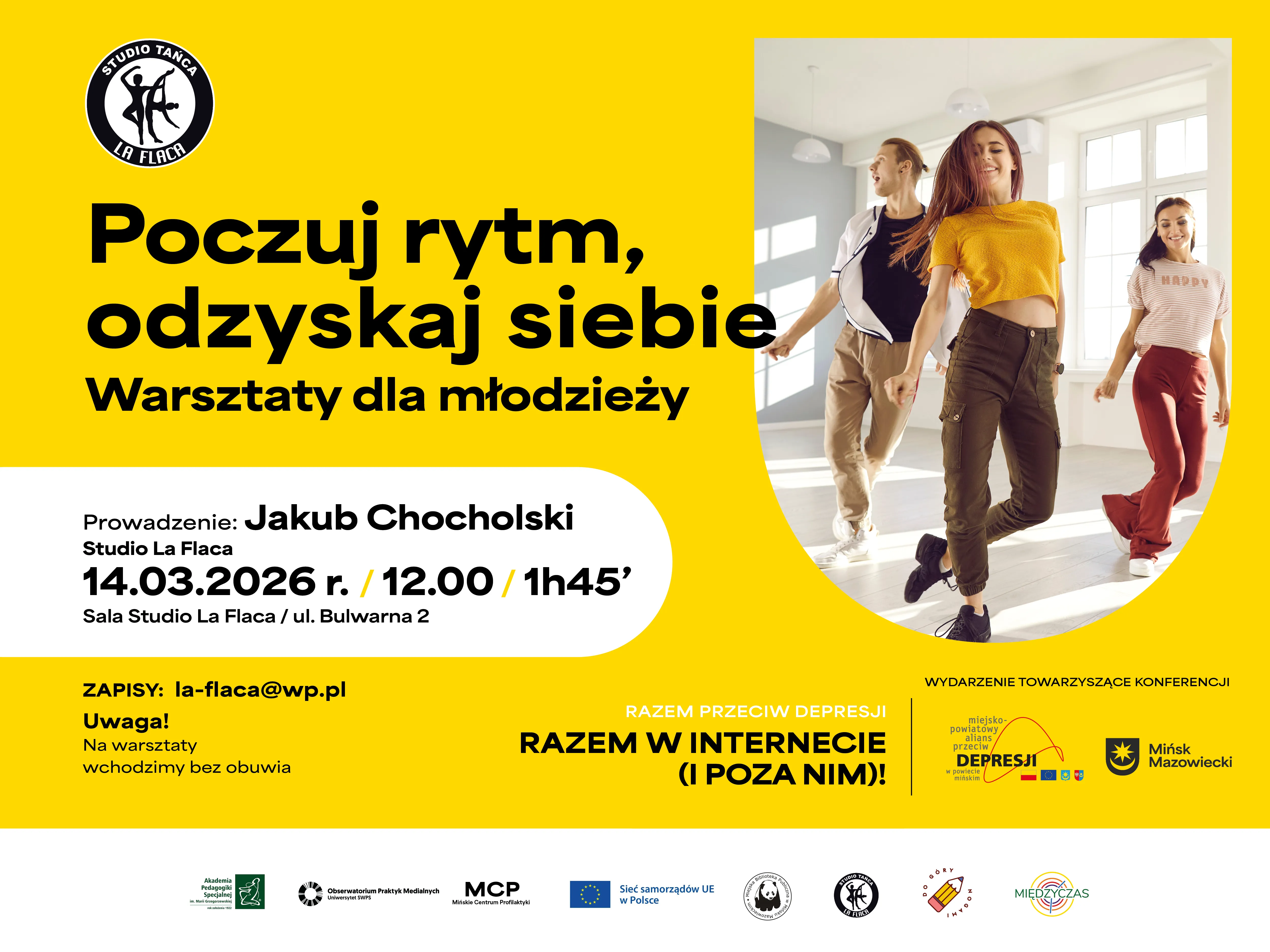 Żółte tło z dużym blokiem tekstu po lewej i zaokrąglonym zdjęciem po prawej.  
W zdjęciu trzy młode osoby tańczą w jasnym studio z dużymi oknami.  
U góry po lewej okrągłe logo studia tańca.  
Na dole biała pozioma strefa z kilkoma małymi logotypami.