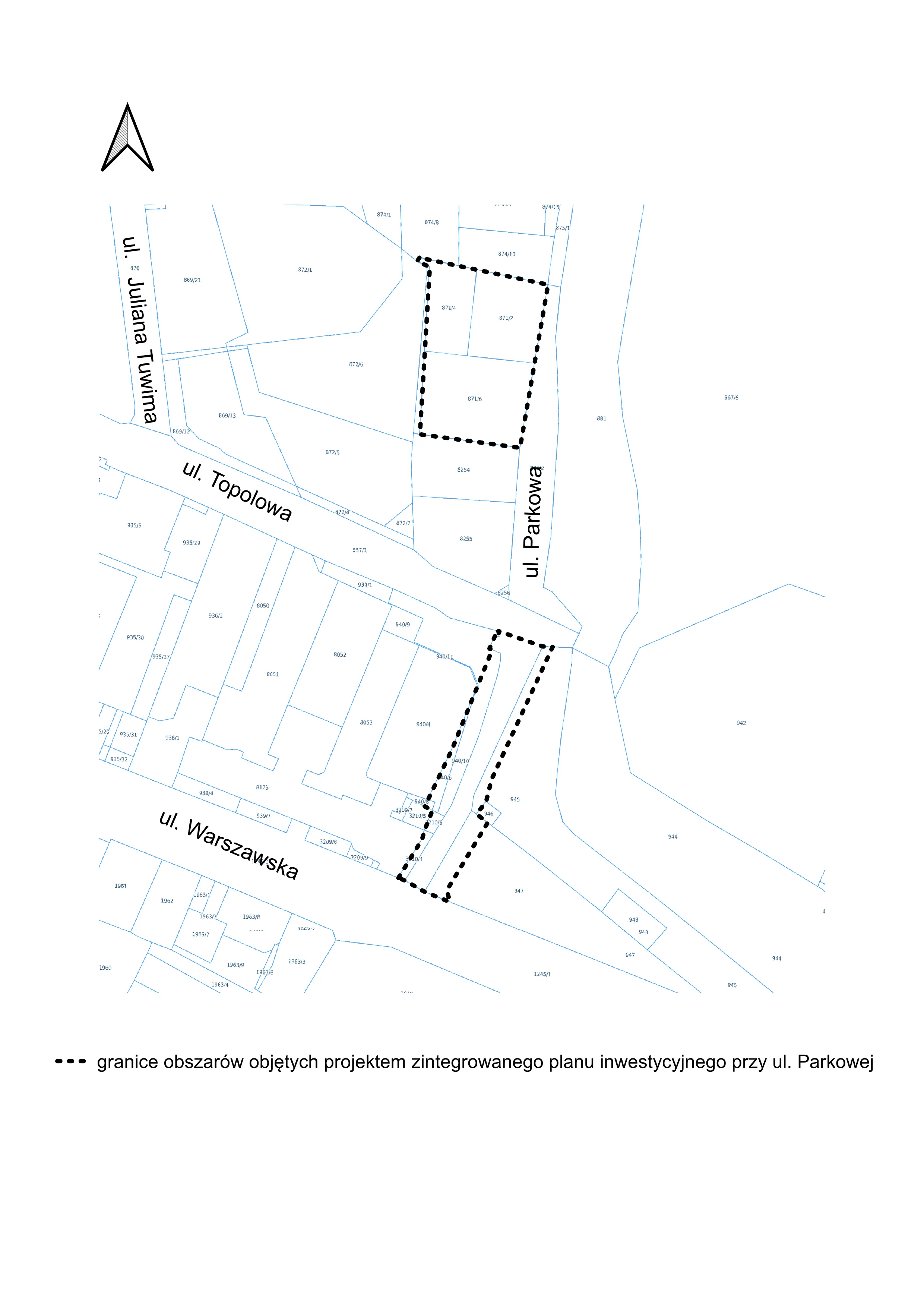 Fragment mapy z zaznaczonymi granicami obszarów objętych projektem zintegrowanego planu inwestycyjnego przy ulicy Parkowej przy skrzyżowaniach z ulicami Juliana Tuwima, Topolową i Warszawską.