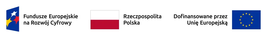 Trzy poziomo ułożone logotypy na białym tle. Po lewej niebieska geometryczna ikona z żółtymi i białymi gwiazdami oraz kolorowymi elementami i czarnym podpisem obok. Na środku prostokąt w barwach biało-czerwonych symbolizujący flagę Polski z czarnym podpisem obok. Po prawej niebieski prostokąt z dwunastoma żółtymi gwiazdami ułożonymi w krąg i czarnym podpisem obok.