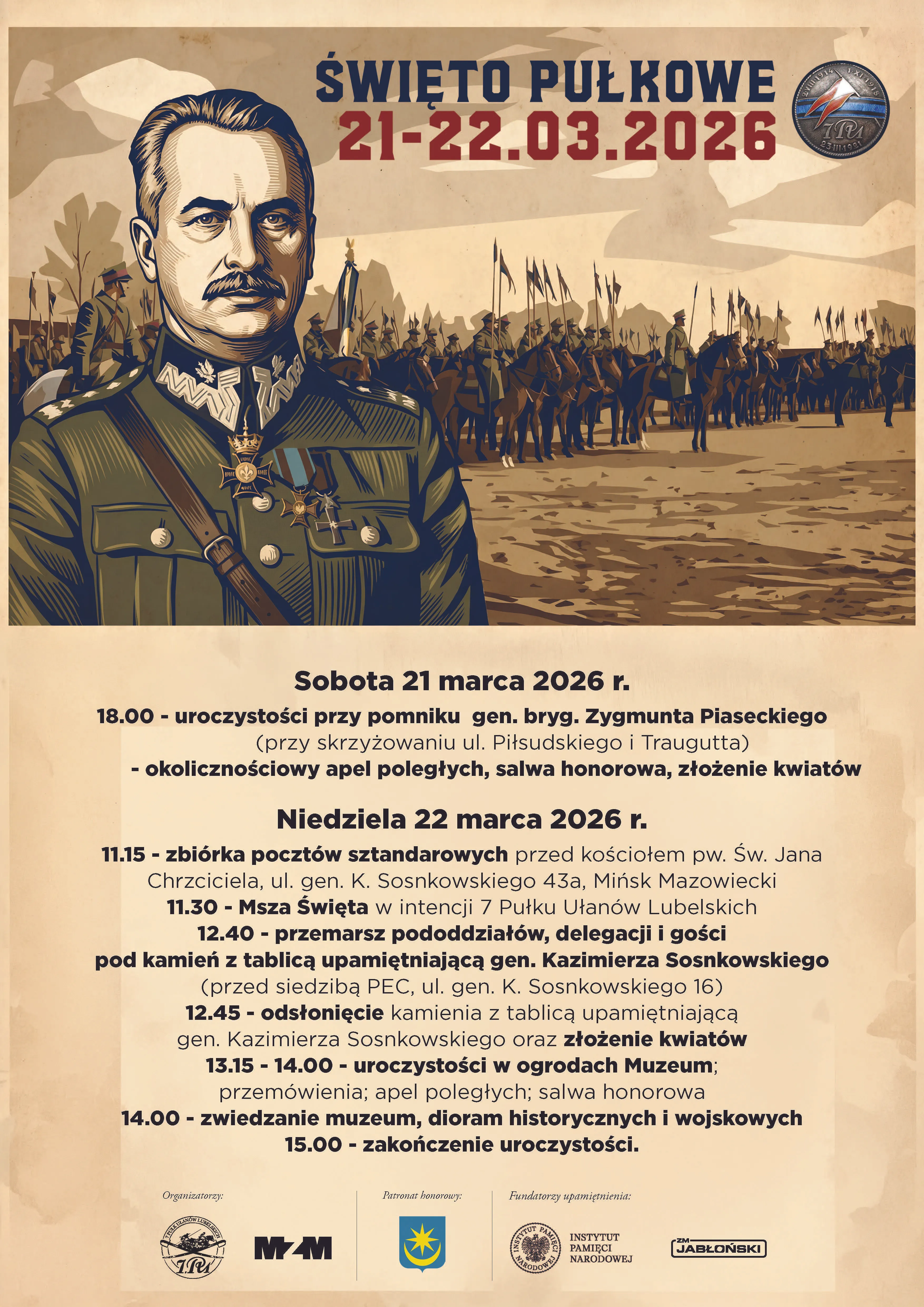 Plakat o sepiowej kolorystyce z dużym nagłówkiem i datą 21–22.03.2026. Na pierwszym planie z lewej popiersie umundurowanego oficera z wąsami i medalami. W tle na polu ustawione szeregi kawalerii na koniach z flagami. Na dole jasna sekcja z blokiem tekstu zawierającym program wydarzeń i kilkoma logotypami organizatorów.