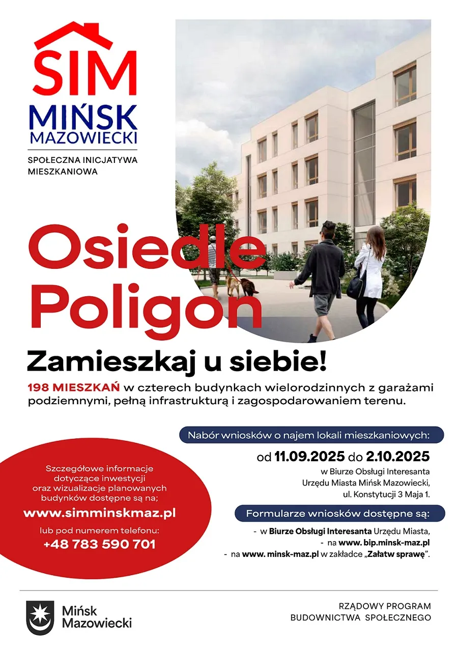 Logo SIM Mińsk Mazowiecki oraz zapowiedź osiedla Poligon z wizualizacją nowoczesnego budynku mieszkalnego i informacjami o naborze wniosków na mieszkania od września do października 2025 roku.