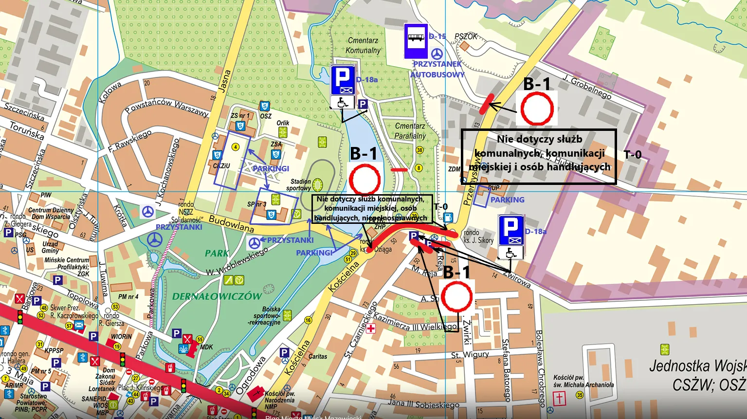Mapa miasta z oznaczeniami przystanków autobusowych, parkingów oraz zakazów ruchu B-1 na ulicach w centrum. Zielony obszar to park i tereny sportowe, wokół gęsta zabudowa miejska. Na mapie widoczne są ulice, ronda, oraz cmentarze. Wybrane miejsca mają oznaczenia specjalne dla służb komunalnych i osób niepełnosprawnych.