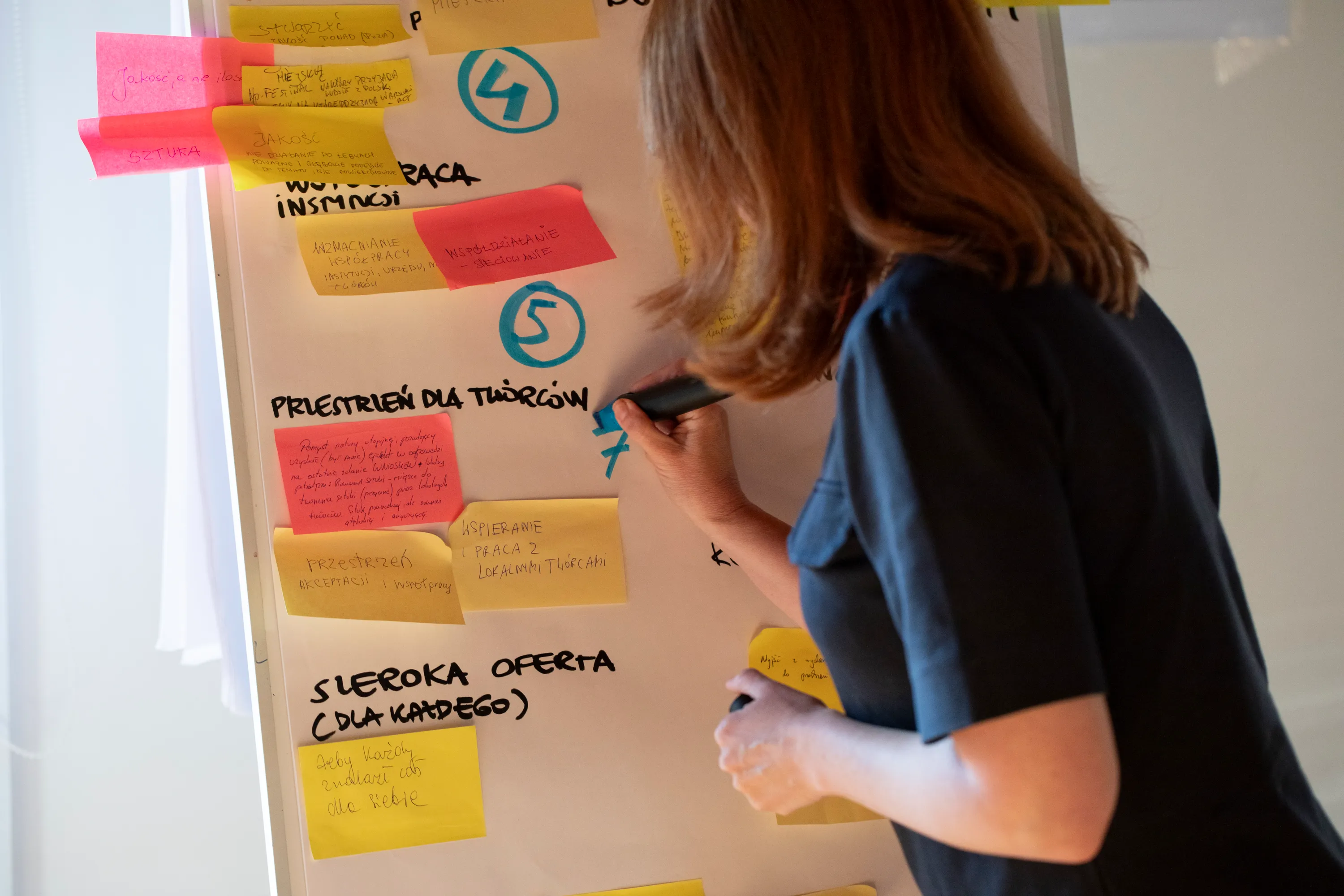 Osoba pisze markerem na dużym papierze z kolorowymi karteczkami samoprzylepnymi przyklejonymi do ściany w jasnym pomieszczeniu.
