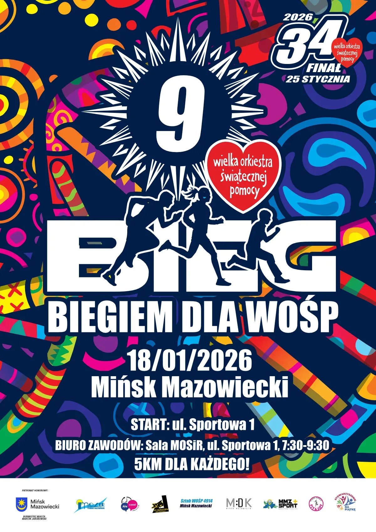 Kolorowa grafika z tekstem promującym bieg charytatywny dla WOŚP”. W centralnej części sylwetki trzech biegaczy, tło w abstrakcyjne, kolorowe wzory.