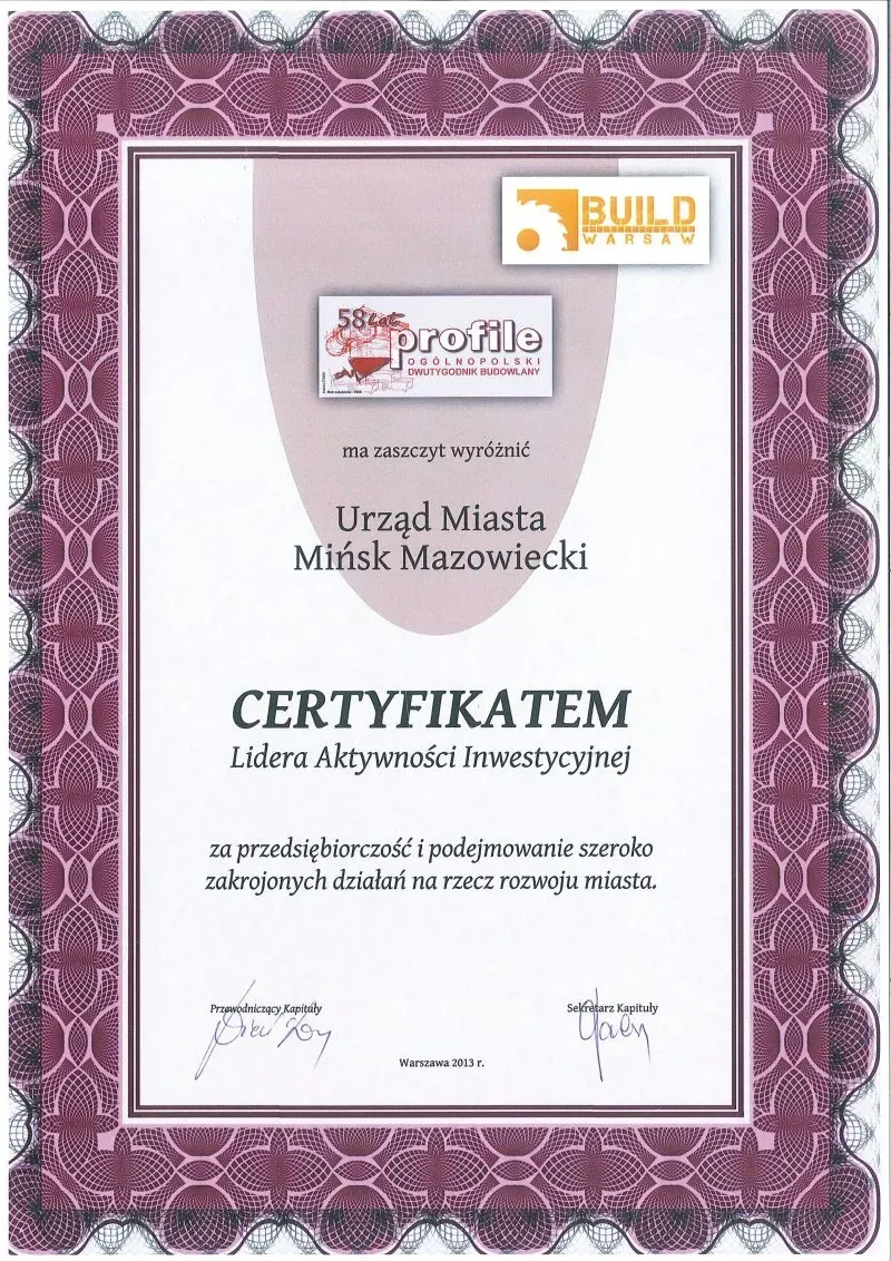 Certyfikat z bordową ozdobną ramką, przyznany Urzędowi Miasta Mińsk Mazowiecki za przedsiębiorczość i działania na rzecz rozwoju miasta.