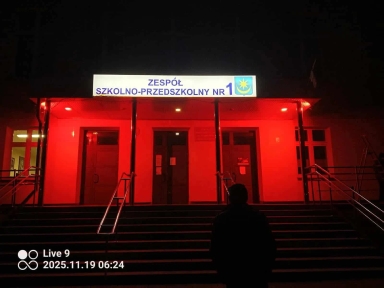 Wejście do budynku szkoły z napisem „Zespół Szkolno-Przedszkolny nr 1” oświetlone jest czerwonym światłem nocą. Na pierwszym planie stoi sylwetka jednej osoby, schody prowadzą do drzwi wejściowych.