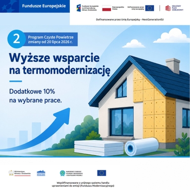 na niebieskim tle  dom z rozpoczętymi pracami ocieplania