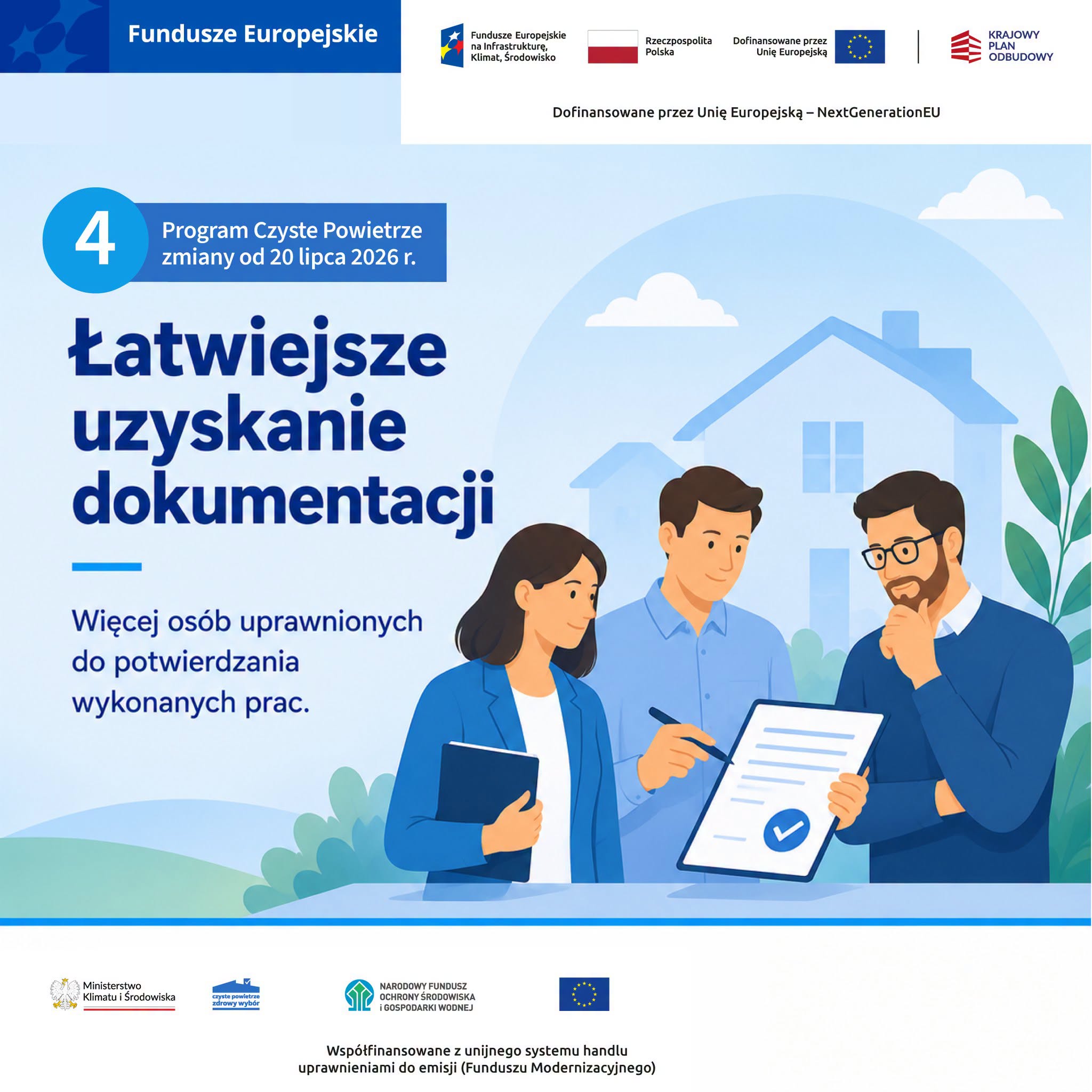 na niebieskim tle kobieta i dwóch mężczyzn, jeden trzyma dokument i coś w nim zaznacza, w tle dom