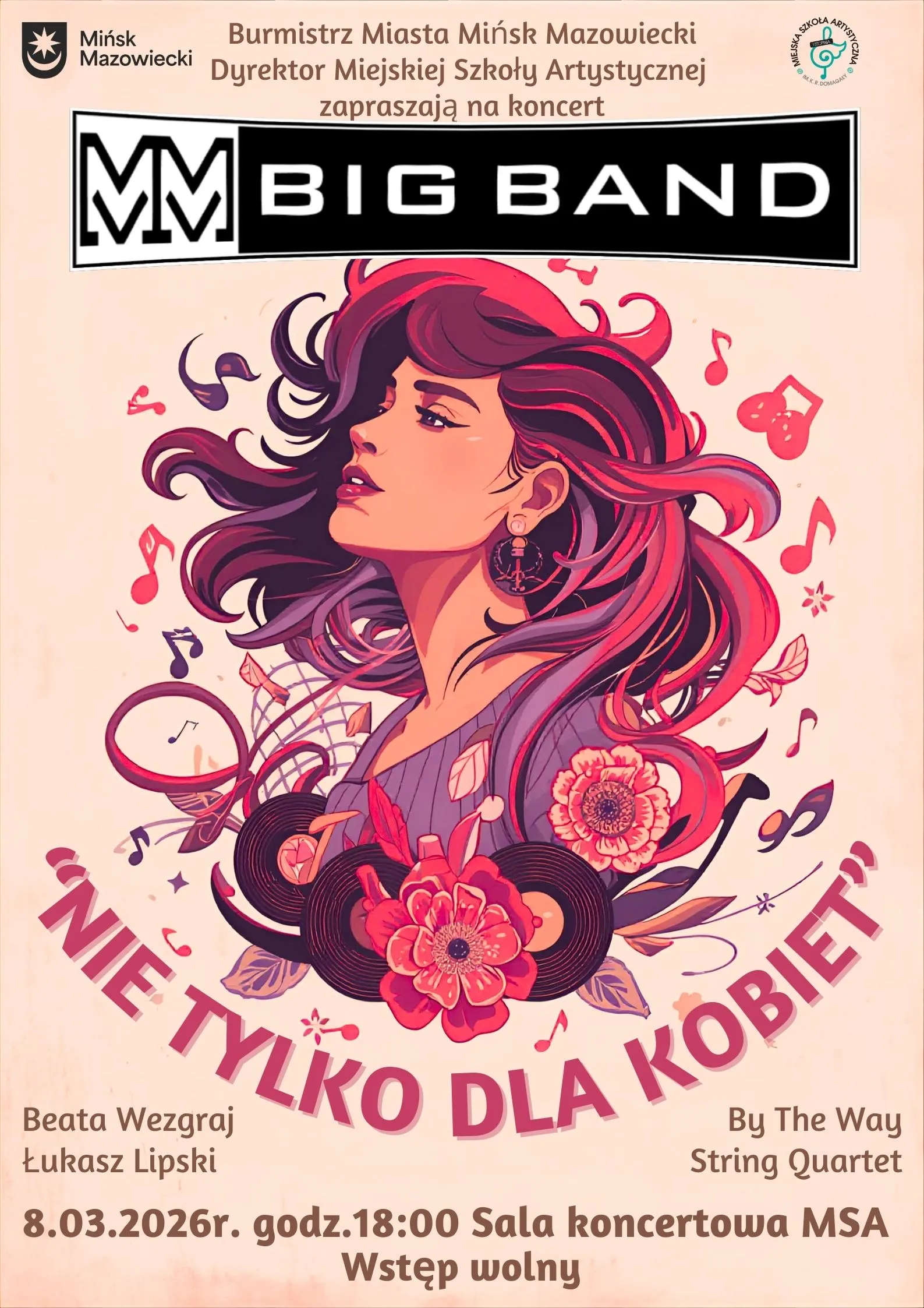 Kobieta z falującymi różowo-fioletowymi włosami patrzy w prawo. Wokół niej wirują nuty, winylowe płyty i duże kwiaty. U góry czarny prostokąt z logo zespołu. Plakat koncertowy na łososiowym tle w ozdobnym, kobiecym stylu.