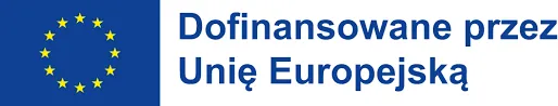 Symbol Unii Europejskiej złożony z dwunastu żółtych gwiazd na niebieskim tle obok tekstu „Dofinansowane przez Unię Europejską” na białym tle.