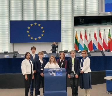 Siedem osób stoi za mównicą z logo Parlamentu Europejskiego. W tle ustawione są flagi państw członkowskich Unii Europejskiej oraz duży niebieski baner z dwunastoma żółtymi gwiazdami w kole. W pomieszczeniu panuje oświetlenie dzienne.