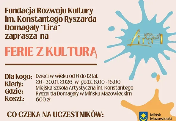 Na jasnym tle z kolorowymi plamami tekst i logo Mińska Mazowieckiego.