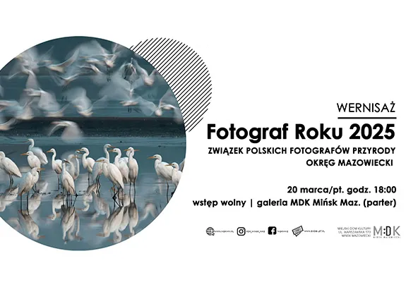 Po lewej okrągłe zdjęcie ukazuje kilkanaście białych ptaków brodzących w płytkiej, zielonkawo-niebieskiej wodzie z widocznymi odbiciami i kilkoma ptakami w locie nad powierzchnią. Po prawej białe tło z dużymi czarnymi napisami i kilkoma małymi logotypami u dołu.