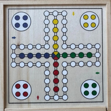 Plansza gry planszowej w kształcie krzyża do gry w bierki z czterema startowymi polami w narożnikach w kolorach niebieskim, żółtym, czerwonym i zielonym oraz trasą punktów dookoła i do środka planszy.