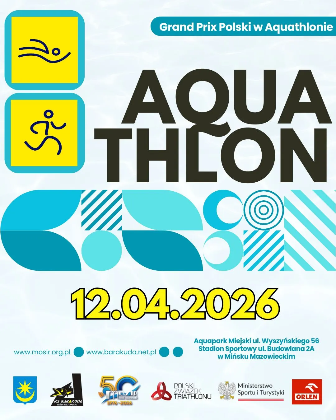 Duży tytuł "AQUATHLON" w ciemnych literach na środku. Po lewej dwa żółte kwadraty z turkusowymi ikonami pływaka i biegacza. Poniżej turkusowe geometryczne wzory i wyróżniona żółta data. Na dole małe logotypy organizatorów i informacje o lokalizacji na jasnym, wodnym tle.