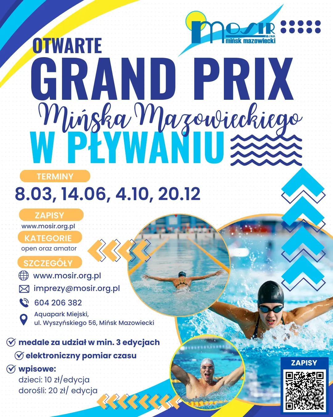  Biało‑niebiesko‑żółta grafika z logo MOSiR u góry. Wyróżnione pole z podanymi terminami wydarzeń. Trzy okrągłe zdjęcia pływaków w basenie oraz dekoracyjne fale i strzałki. 