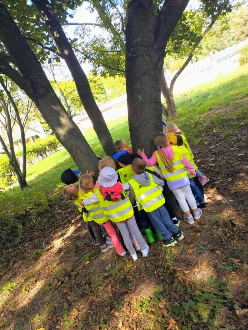 Grupa dzieci w jasnych kamizelkach odblaskowych stoi na zewnątrz w lesie i obejmuje duże drzewo. Wokół panuje dzienny czas, słońce oświetla liście i ziemię z opadłymi liśćmi.