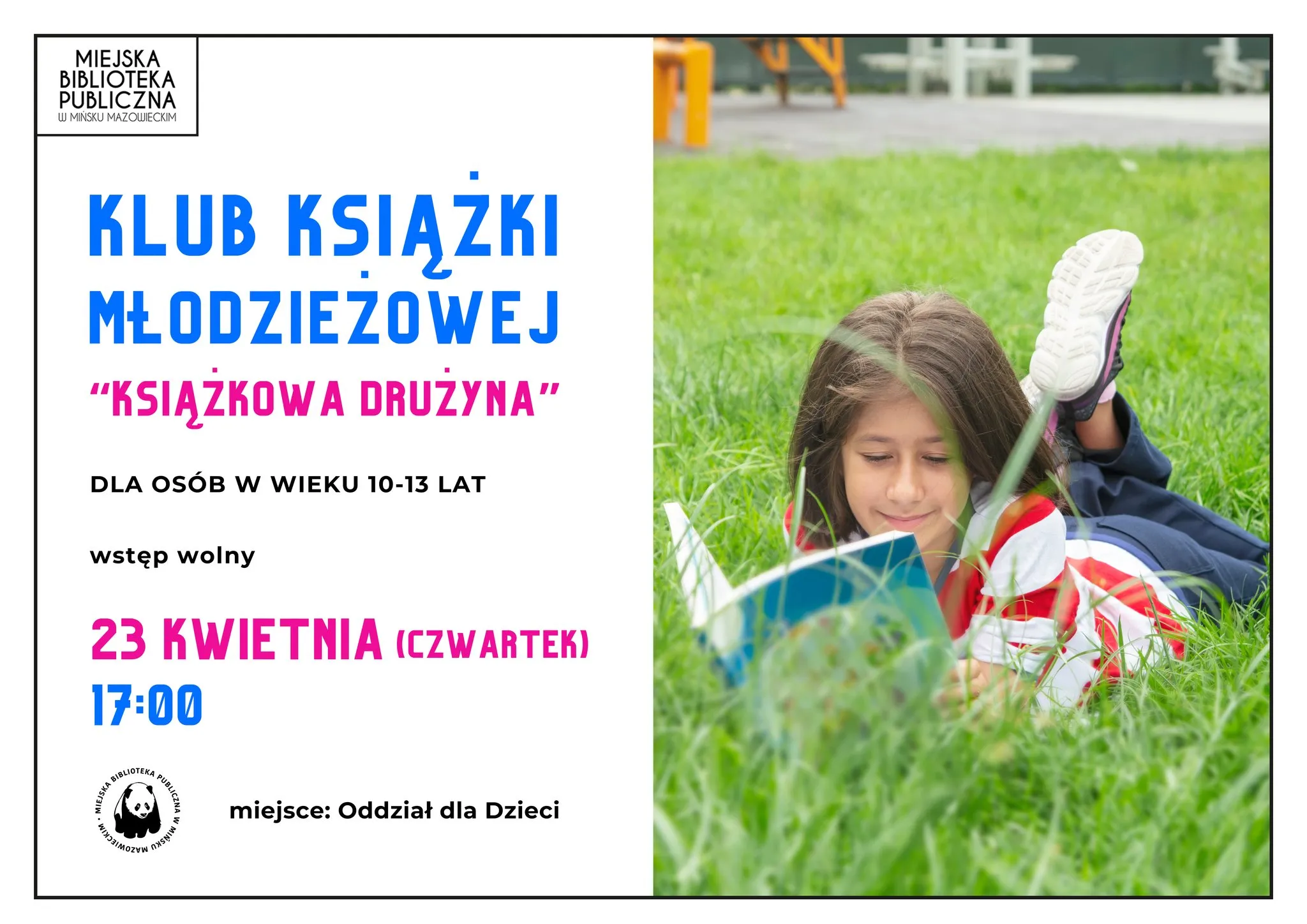 Dziewczynka leży na zielonej trawie na zewnątrz i czyta książkę. Po lewej stronie znajduje się biały panel z kolorowymi napisami informacyjnymi o wydarzeniu.